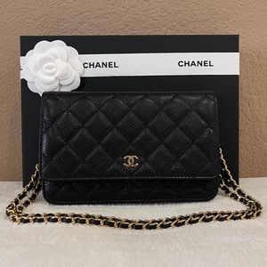 Chanel Caviar Wallet On Chain WOC Black & Gold